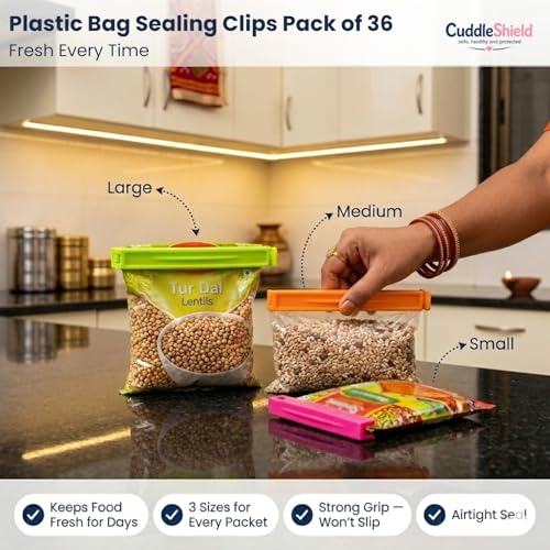 Image of 36 Pcs, 3 Different Size Plastic Food Snack Pouch Clip Sealer | Reusable Air Tight Packing for Kitchen Storage Use, Multicolour