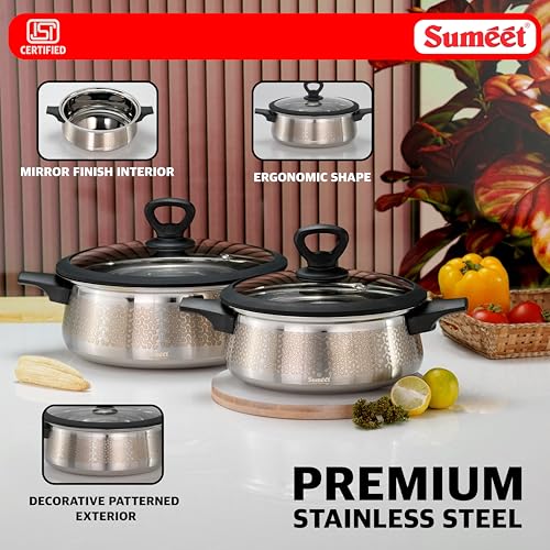 Image of Sumeet ISI Certified Stainless Steel Cook & Serve Designer Shallow Biryani Pot /Casserole with Glass Lid |Induction, Gas Compatible | Set of 2 Pc - Capacity - 2300 & 3500ml -Dia - 21 & 25cm, Silver