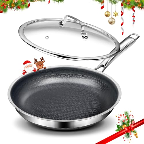 Image of FUDELAI Non Stick 10-Inch Pan, Titanium Hybrid Pan with Lid, Stay-Cool Handle, Professional Frying Pan, Dishwasher Friendly, Oven Safe, Compatible with All Cooktop