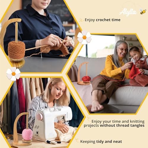 Image of Alylla Wooden Yarn Holder and Spinner, Crochet Organizer for Balls, Skeins and Spindles, Craft Caddy with Storage Bag for Accessories