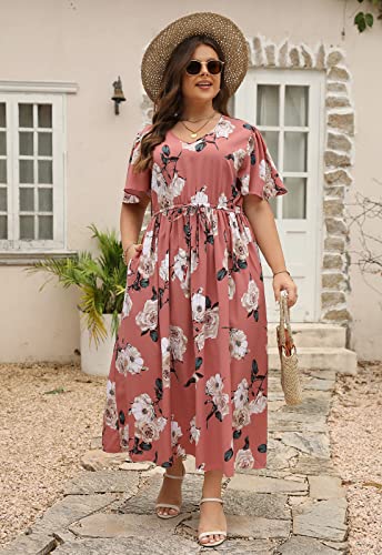 Image of Nemidor Womens Plus Size Maxi Dress Summer Boho Sundress Floral Print Flared Casual Long Dresses with Pocket