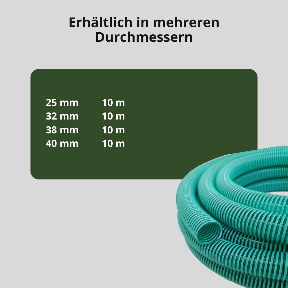 HeRo24 Spiralschlauch 38 mm 10 m Saugschlauch, Druckschlauch & Förderschlauch grün/transparent PVC-Schlauch für Teich, Garten, Pumpen & Filteranlagen