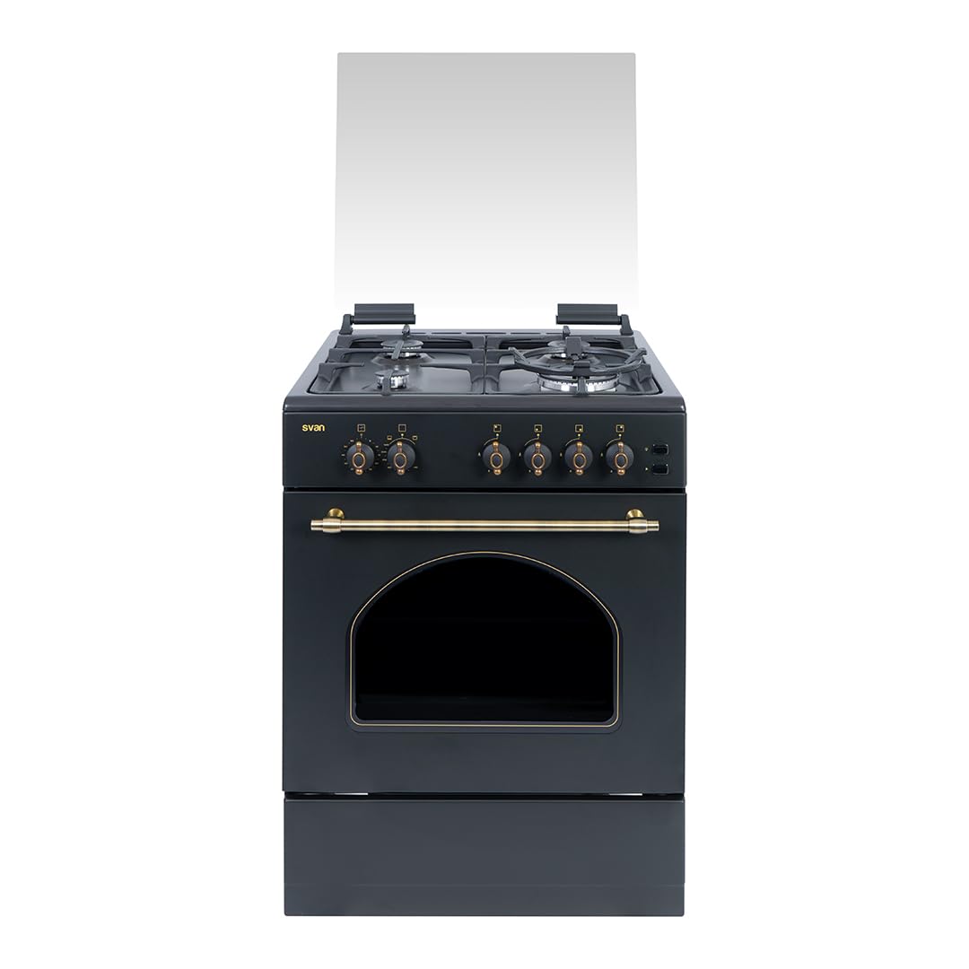 Svan Cocina de Gas 60 cm 4 Fuegos, Rústico Negro, SKGW4601RN. Butano, Horno 59 L, Grill, Quemador Wok Triple Llama, Encendido Automático, Seguridad Termopar FFD, Temporizador, Guías Telescópicas