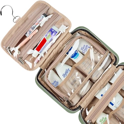 Image of NISHEL Travel Toiletry Bag for women, Portable Hanging Organizer for Travel-Sized Shampoo, Conditioner, Brushes Set, Makeup Accessories, Medium Size, Purple, Bronze Green