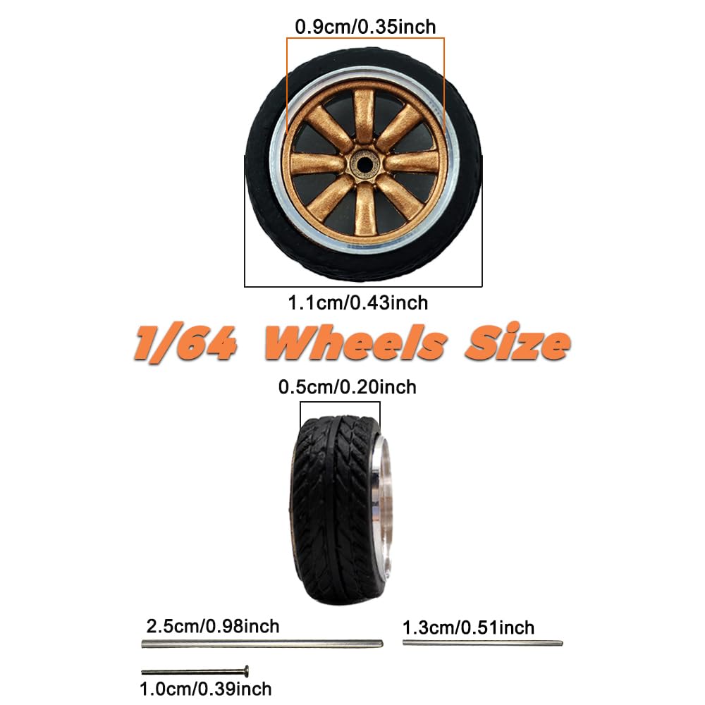 1/64 Wheels and Tires,Real Riders Series,Upgrade Mainline Diecast Model Cars,Diameter is 0.43in, 4 Sets/pack,Multiple Spokes,ABS Wheels with Rubber Tire Rivet Axle Metal Rims(HW-C)