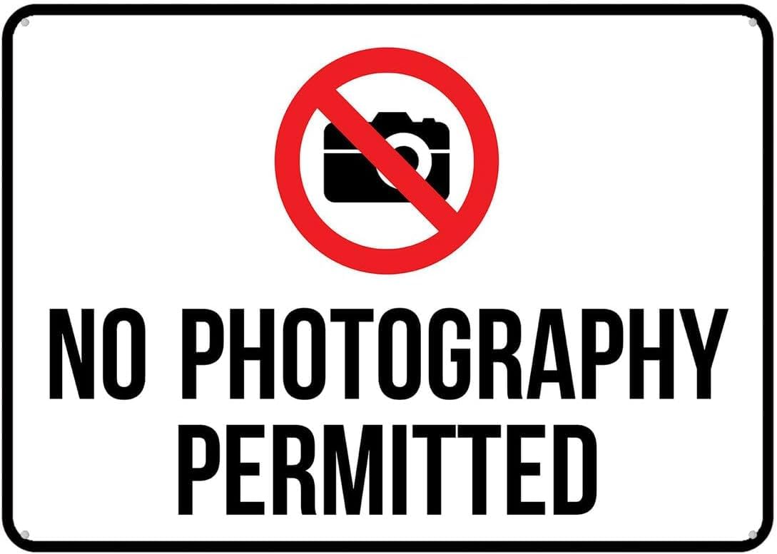 No Photography Permitted Rust Free Aluminum Tin Sign - Warning Decor with Pre-Drilled Holes for Indoor-Outdoor Museum, Secure Facility, Theater - 8x12 Inch​