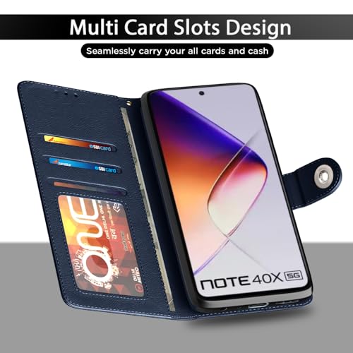 Image of Pikkme Flip Cover Leather Finish | Inside TPU with Card Pockets | Wallet Stand and Shock Proof | Complete Protection Button Flip Case for Infinix Note 40X 5G(Blue)