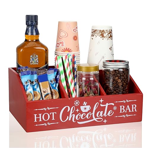 Barydat Christmas Hot Cocoa Bar Wood Coffee Station Organizer Countertop with 4 Compartment Coffee Bar Decorative Holder Xmas Basket Organizer Bin for Kitchen Holiday Gift Party Home Supplies (Red)
