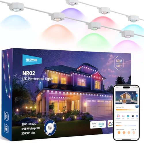 NEEWER 196ft Permanent Outdoor Lights for House Decor Smart AI RGB IC CW Outside Eaves String Christmas Lighting 120 LED Lights App Control 50+ Scenes IP65 Waterproof Compatible with Alexa NR02