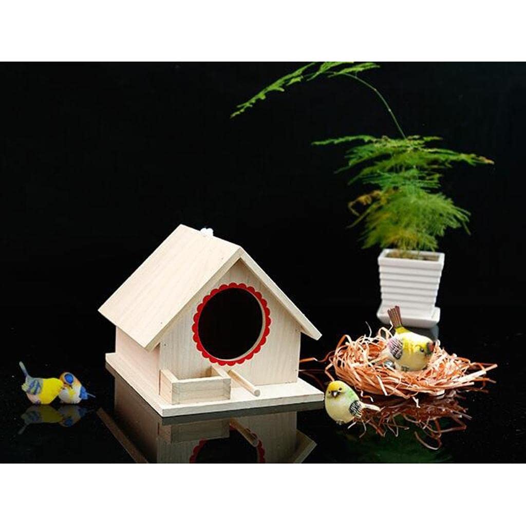 Casa Para Pájaros de Madera con Percha y Cuerda Colgante, Exterior Jardín
