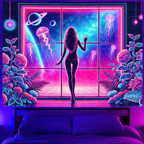 Image of BlissYard Sexy Girl Blacklight Tapestry Background Luminous Poster Jellyfish UV Tapestry for Bedroom Wall Decor Living Room Art Room Party Backdrop Decoration 78x59 Inch