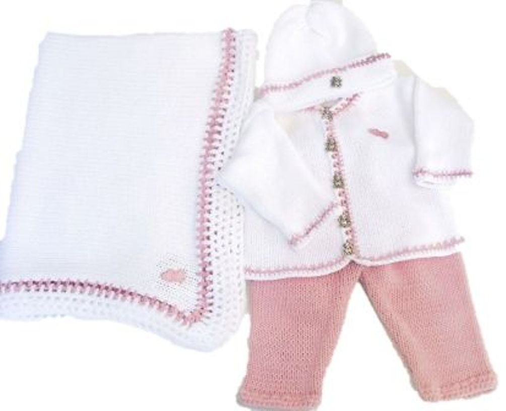 Knitted on Hand Knitting Machine White Cotton Trimmed By Hand Crochet with Raspberry Cotton Cardigan Pant Hat for Infant Girls with Matching 31”x45” Blanket Trimmed with Sequin Purple Butterfly (18-24mo)