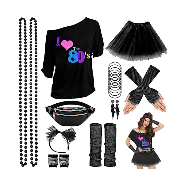 Wildparty 80s costume accessories for women, t-shirt tutu fanny pack headband earring necklace fishnet gloves legwarmers
