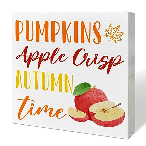 Image of Fall Table Wooden Box Sign, Apple Crisp Autumn Table Decor, Farmhouse Tabletop Decorations for Home, Office, Kitchen, Harvest, Thanksgiving, Rustic Desk Decor