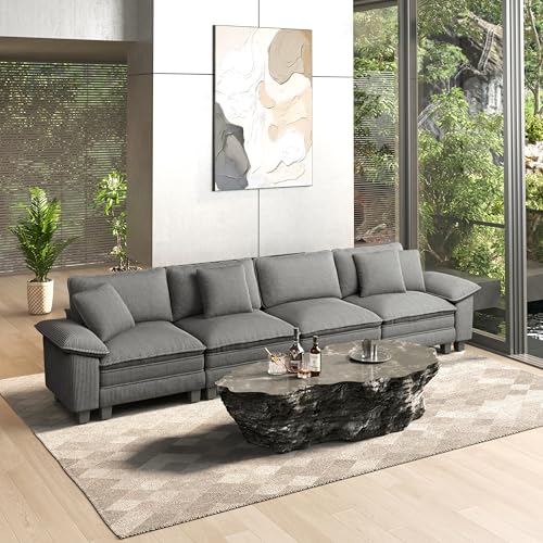Image of HERA'S HOUSE 158 inch Oversized Modular Sectional Straight Sofa, Corduroy Grey | 4-Seater Living Room Couches, Wider Armrest and Deep Seat, Comfy Cloud Couch with Ottoman, Wood Sturdy Frame