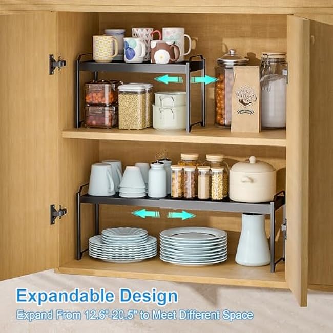 4 Pack Kitchen Cabinet Shelves Organizers, Kitchen Counter Storage Shelf Spice Rack, Expandable Length, Adjustable Height, Stackable, Sturdy 30LBS Bearing, Small Cupboard Tabletop Organizer Shelf Rack