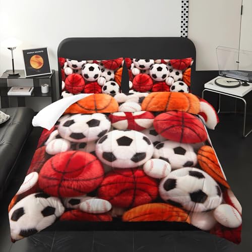Image of Soccer and Basketball Comforter Set Queen Bed for Boy Bedroom,Sports Bedding Set Queen for Kids,with 1 Comforter with 2 Pillow Case,Sports Themed Bedroom Decor for Teen Boys