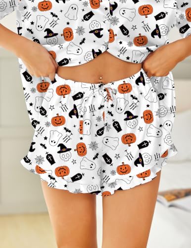 Image of HOTOUCH Womens Satin Pajamas Set Button Down 2 Piece Ruffle Shorts Set | Cute Short Sets, 2 Piece Pjs, Soft Silk Stain, Ruffle Shorts, Lightweight Sleepwear