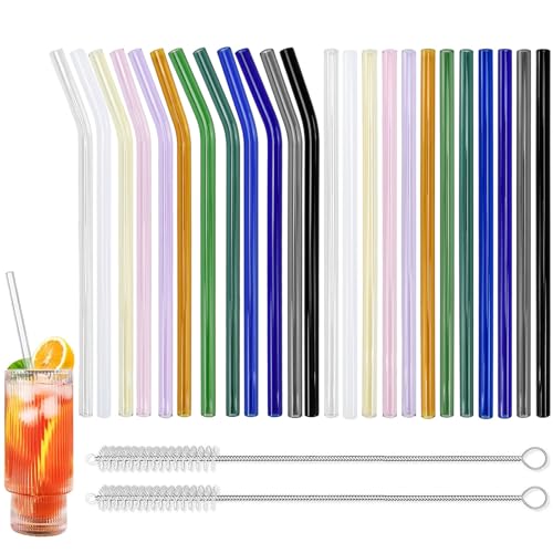 Huucozn 24 PCS Pajitas de Cristal Reutilizables 20x0,8cm, Pajitas de Vidrio de Colores con 2 Cepillos de Limpieza, Paja de Cristal para Leche Tea Cocktails Smoothies y Bebidas En Hogar o Restaurantes