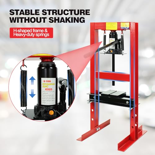Image of 6T Hydraulic Press, 6 Ton H-Frame Garage Floor Hydraulic Benchtop Press Adjustable Hydraulic Shop Press with Plates, Red