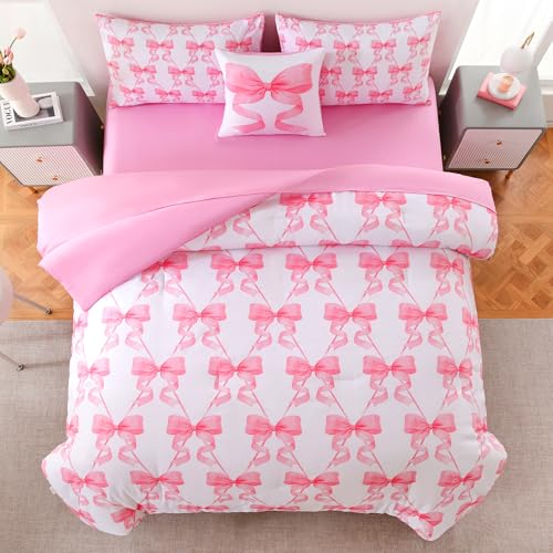 Image of DORCAS Bow Comforter Set Full Bed in A Bag for Girls,6 Pieces Pink Bow Bedding Sets with Sheets for Kids