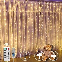 Cortinas Para Interiores SUNNOW Cortina de Luces, 300 LED 3M * 3M 8 Modos Cadena de Luces con Remoto,Alimentadas .por USB,Resistente al Agua,Guirnaldas Luminosas para Fiestas,Navidad,Bodas,Ventanas,Interior,Exterior.
