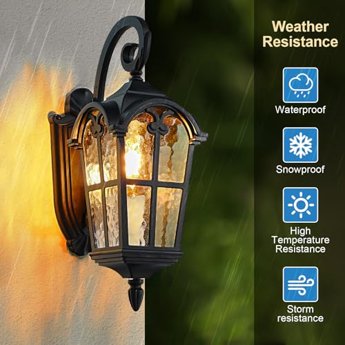 17.1'' H Aluminum Outdoor Wall Lights- Black Roman Style Waterproof & Anti-Rust Exterior Lighting Fixtures, Hammered Outdoor Wall Lantern for Porch, Doorway, Garage, Backyard, 2 Pack