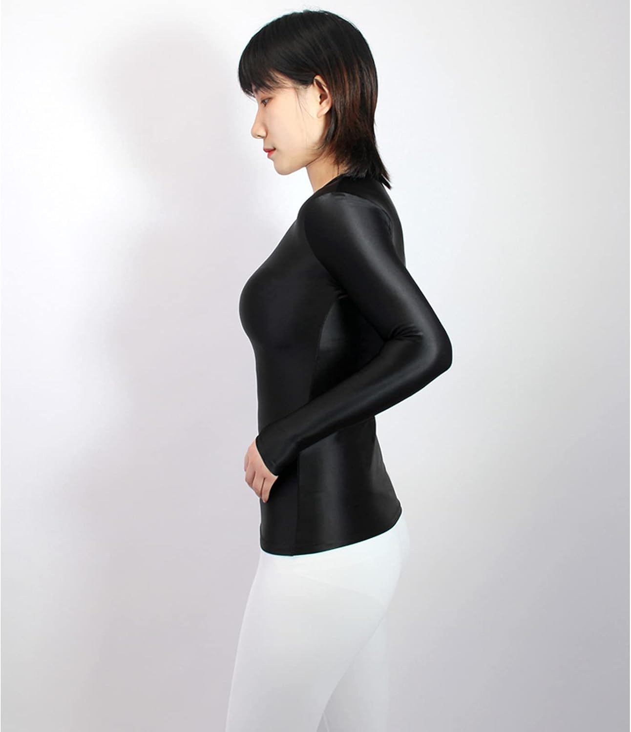 leesuo Women's Sexy Oil Shiny Glossy Blouse Bodystocking Long Sleeve Nylon Sheer Yoga Stretch T-Shirt Tank Top