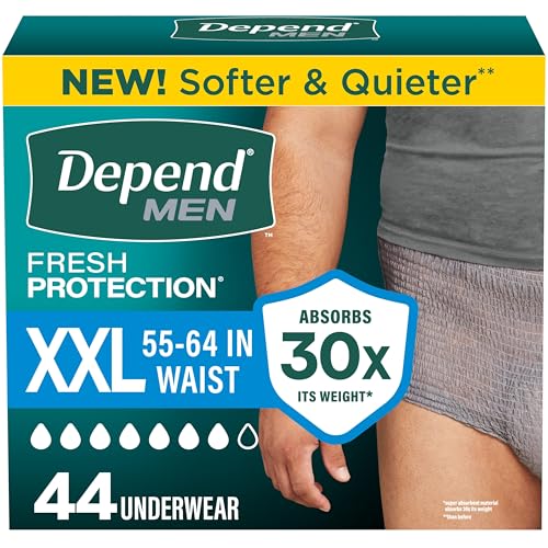 Image of Depend Fresh Protection Adult Diapers, Incontinence Underwear for Men, Disposable, Maximum, Extra-Extra-Large, Grey, 44 Count (2 Packs of 22), Packaging May Vary