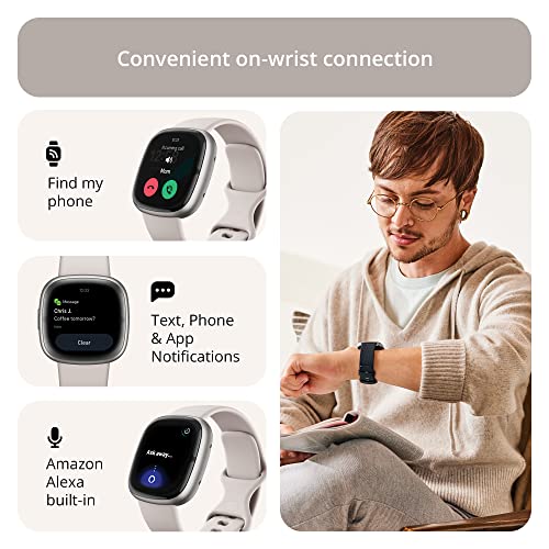 undefined Fitbit Sense 2 Advanced Health and Fitness Smartwatch with Tools to Manage Stress and Sleep, ECG App, SpO2, 24/7 Heart Rate and GPS, Lunar White/Platinum, One Size (S & L Bands Included) の商品画像 4