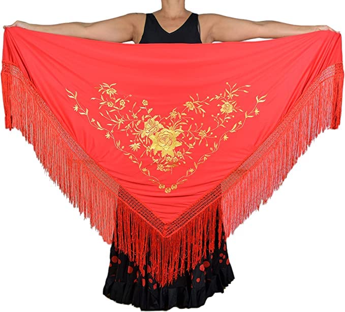 AMINA Red Flamingo Shawl with Fringes, Gold Embroidery on One Side, Large Size 190 x 90 cm