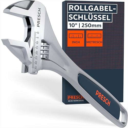 PRESCH Rollgabelschlüssel 250mm - Lasergravierte Skala 35mm (metrisch & inch) - Hochpräzise gefräst für besten Halt - Robuster verstellbarer Schraubenschlüssel - Hochwertiges Engländer Werkzeug