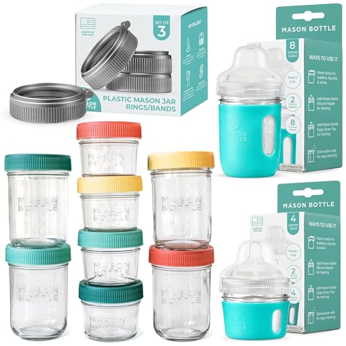 Image of Newborn Essentials Bundle | Complete Baby Glass Bottle & Breastmilk Storage Kit | 4oz & 8oz Mason Jars w/Lid + Slow Flow Nipples for 0-3 Months + Plastic Mason Jar Rings & Caps + Silicone Sleeves