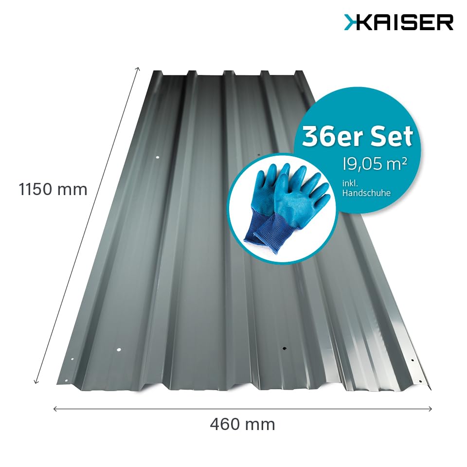 Kaiser Juego de 36 láminas trapezoidales – Chapa perfilada de 115 x 46 cm (19,04 m²) antracita – Placas galvanizadas de metal y chapa de acero – para garajes, techos, cobertizos, revestimiento de