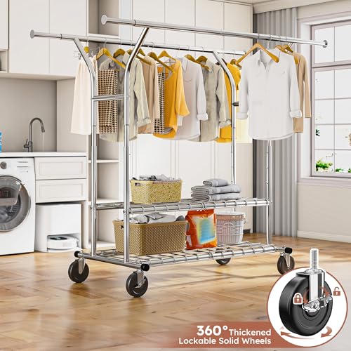 Raybee 74" W Heavy Duty Clothes Rack, Double Rods Clothing Rack Load 630 LBS, Rolling Clothes Racks for Hanging Clothes 400+, Garment Rack for Bedroom, Laundry Room, Retail Store