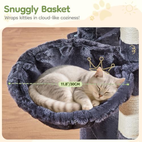 Image of Taoqimiao Sturdy Cat Tree, Cat Tower for Indoor Cats, Extra-Large Platform | 58.7Inch, Widened Cat Condo with Large Scratch Board, Top Perch, 6 Sisal Scratching Posts, Soft Basket, Smoky Gray MS045SG