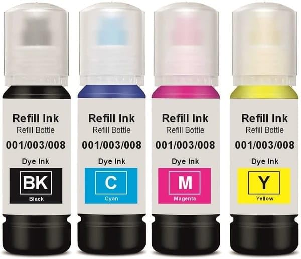 Compatible with 001/003/008 Dye Ink Refill Bottle Combo – Black, Cyan, Magenta, Yellow – 70ml Each – Compatible with L Series Printers – Pack of 4