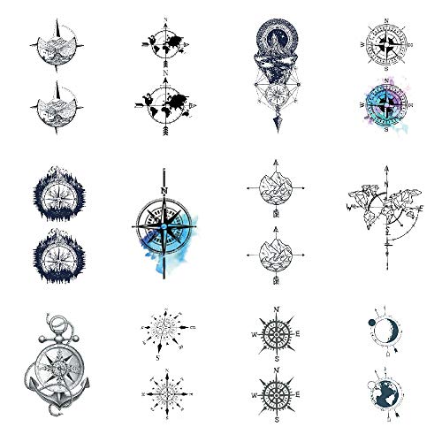Set of 12 Waterproof Temporary Fake Tattoo Stickers Compass Grey Watercolor Blue