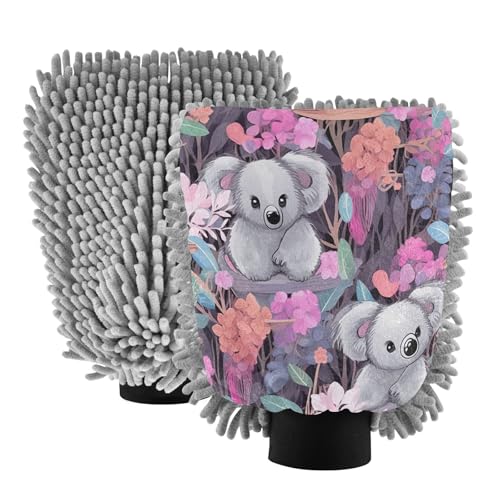 Flradish 2 Pack Koala Flower Car Wash Mitt Chenille Microfiber Lint-Free Scratch Free Ultra-Soft Absorbent Car Wash Mitt 11.8x8.07 Inch