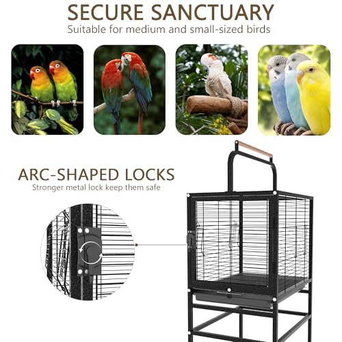 Image of Bird Wrought Iron Cage, Home Style Detachable Travel Birdcage for Small and Medium Birds Parrots Lovebird Conures Cockatiel,Black,52-Inch