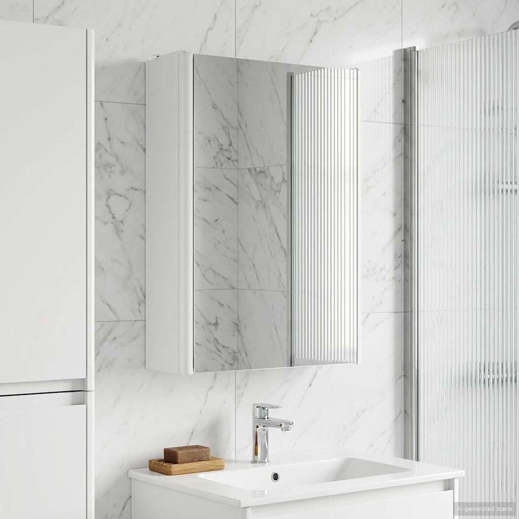 Szafka łazienkowa z lustrem biała z materiału drewnopochodnego, 33 x 11,5 x 50 cm, montaż ścienny, paski LED, dwustronne lustro, 2 półki, miejsce do przechowywania mebli łazienkowych i