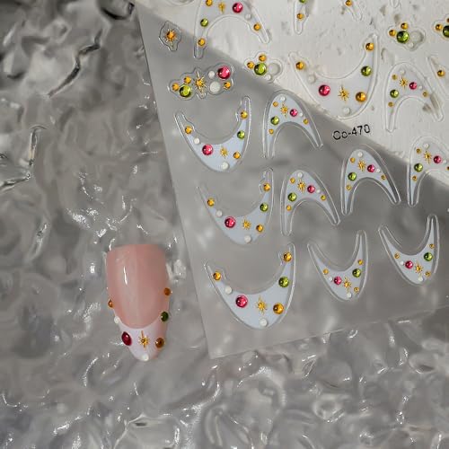Image of White French Tip Nail Stickers Colorful Nail Decals with Star Design Rhinestone Nails Art Sticker 5d Self Adhesive Nails Stickers for Women Girls Supply Manicure Charms Nails Art Decals