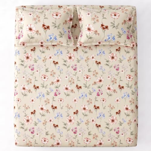 Image of VAS COLLECTIONS Premium 240 TC Cotton Double Bedsheet Set with 2 Pillow Covers | Breathable Floral Print Bedding | Fade Resistant | 228 x 254 cm, Blush & Periwinkle Floral, Double Flat (90x100) Blush