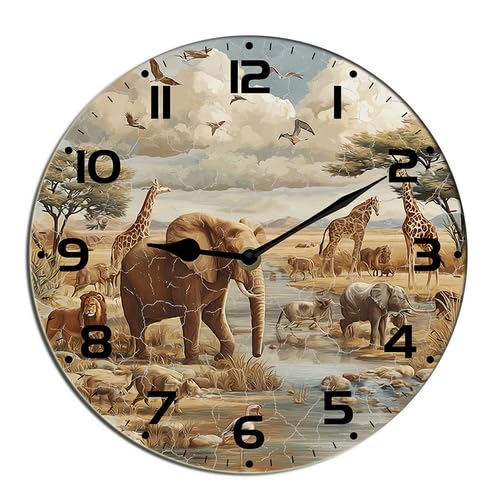 Horienteeon Horloge murale en bois avec animaux africains - Éléphants, girafes, lions - Décoration de bureau ou de cuisine - Horloge décorative à piles pour salon,...