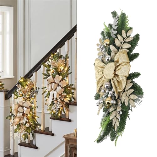 flexman Artificial Christmas Teardrop Swags, 60X30cm Cordless Christmas Staircase Decoration, Simulation Hanging Pendant Stair Swags for Tables, Shelves, Fireplaces (Yellow Without Light)