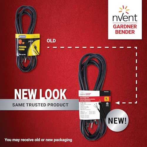 Image of nVent Gardner Bender PS913163 9 ft 16 /3 SJTW Replacement Power Cord, 13A 125V Heavy Duty Appliance & Power Tool Cord with NEMA 5-15 Plug & Pigtail End, Black (Formerly: Bergen)