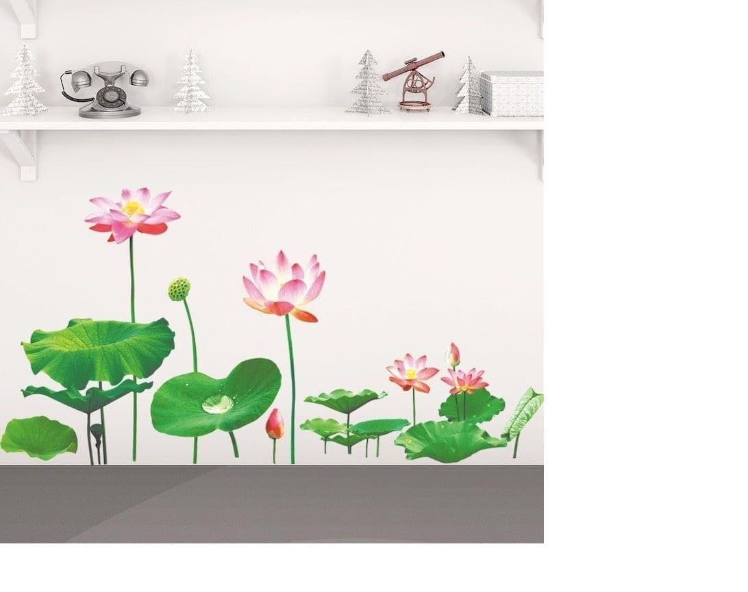 Orbica 3D Flower Wallpaper Sticker Lotus Flower Floral Wall Sticker Art Peel and Stick Self Adhesive for Living Room Bedroom Delightful Realistic Vibrant Greenish Bright Color 2