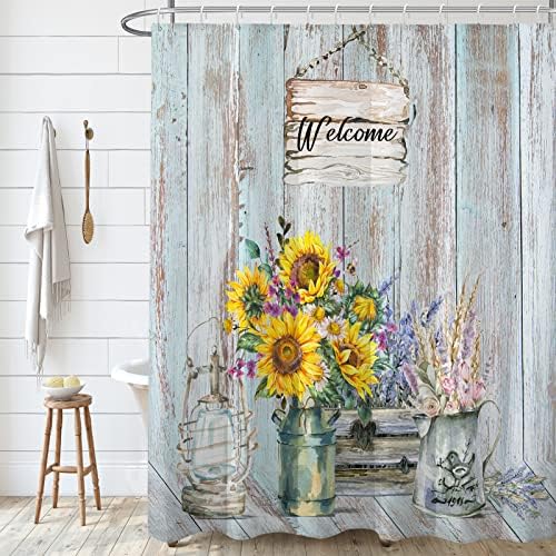 Decoreagy Rustic Farmhouse Shower Curtain,Sunflower Floral Shower Curtains Sets for Bathroom,Retro Country Teal Wooden Barn Board Waterproof Fabric Stall Bath Curtain with 12 Hooks 72x72in
