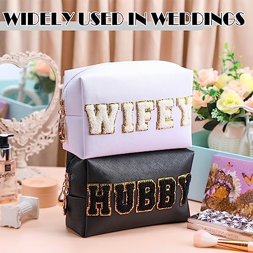 Pinkunn 2 Pcs Wifey Hubby Makeup Bag Bride Patch Cosmetic Bag Mrs Travel Toiletry Purse White Letter PU Leather Waterproof Pouch Wedding Bridal Shower Honeymoon Gift for Women Party Organizer3
