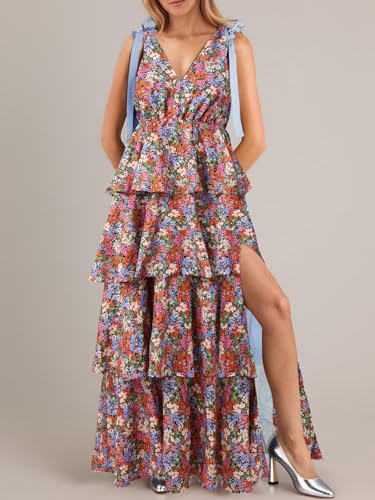 Image of Wenrine Womens Summer Floral Maxi Dress Tie Strap Sleeveless V Neck High Slit Boho Ruffle Tiered Beach Dresses